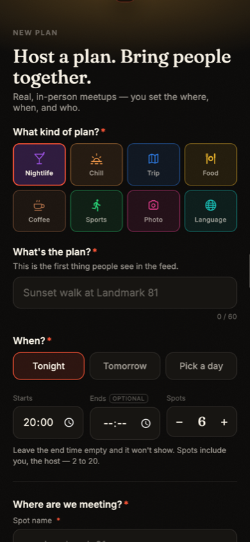 The new plan form — category, title, time, spots and meeting point
