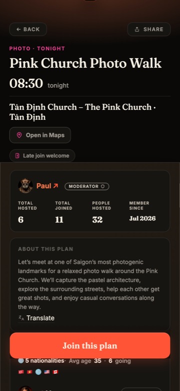 A plan page showing the host, the meeting point and the Join button